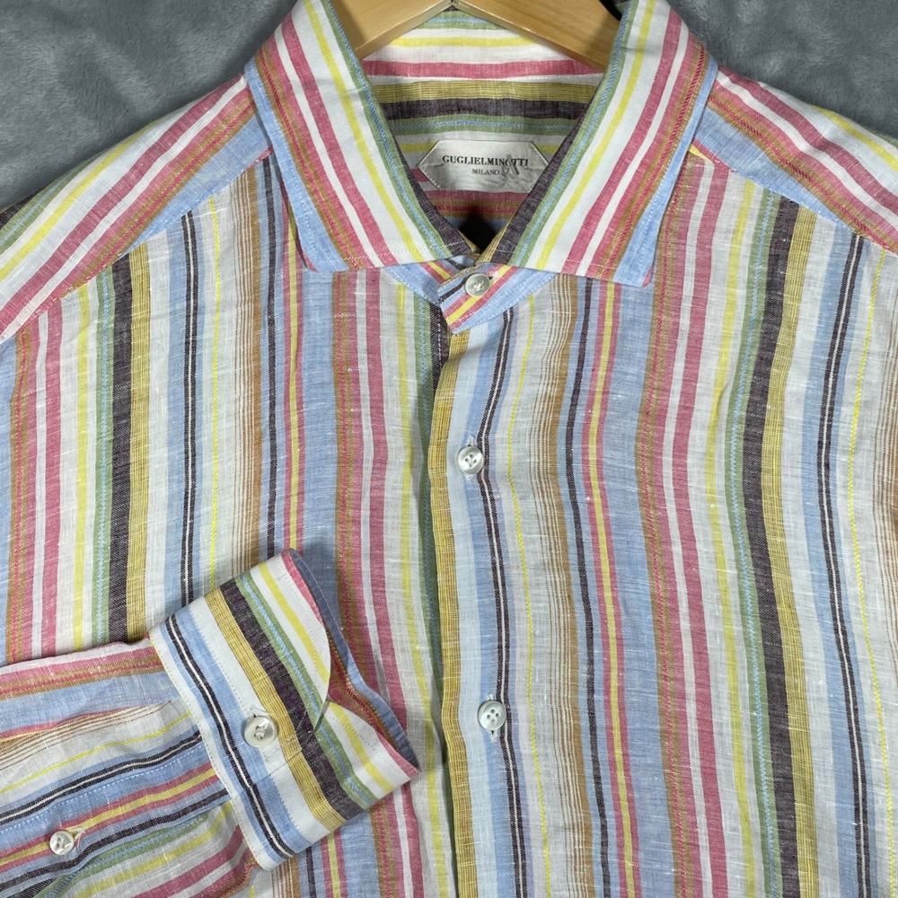 Guglielminotti Milano Mens Multi Color Striped 100% Linen Shirt Italy 44 17.5